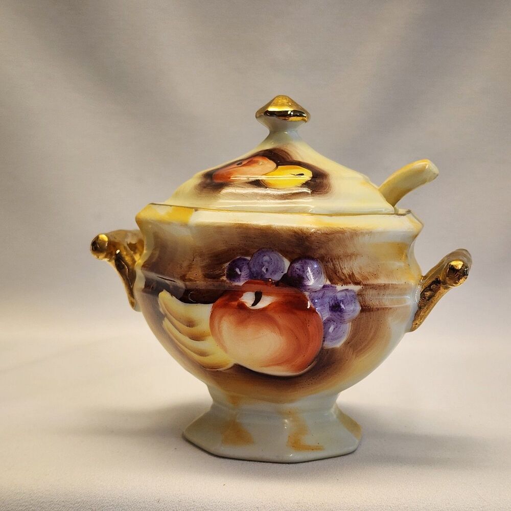 Sugar  Bowl Marked  Fruit Octagonal Lid Gold Trim Enesco  JAPAN  E2364